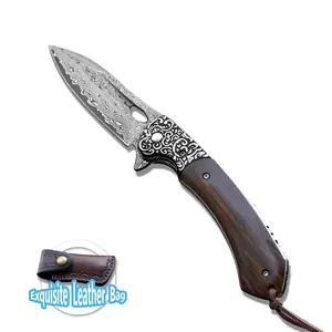 Hot new Damascus leather steel Yellow Sandalwood handle gift collection folding knife outdoor knife camping knife leather bag