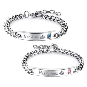 Valentine's Day <strong>Gift</strong> Simple Her King His <strong>Queen</strong> Crown Stainless Steel Diamond Couple Bracelet - Product Image 2