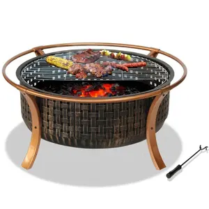 Wholesale Design Smokeless Steel Rattan Pattern Circle Grill Wood Burning Outdoor CampingFire Pit Bowl For Garden
