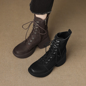 Botines de Piel Auténtica con Cordones Hechos a Mano, Estilo Clásico Retro, Tacón Grueso, Suela de Goma Suave, a la Moda - Product Image 2