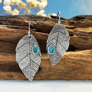 Orecchini pendenti vintage bohémien a forma di foglia, stile retrò con gemma blu, gioielli alla moda per donna, regalo per feste - Product Image 6
