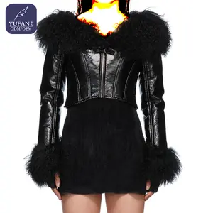 Yufan OEM ODM Long Sleeve Full Faux Fur Lining Panel Faux Leather Cropped Jacket Women
