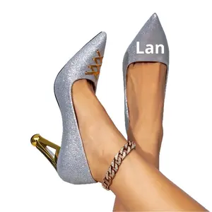 Da donna alla moda estate per tutte le stagioni con <span class=keywords><strong>tacchi</strong></span> alti in argento lucido Mules con tacco a punta chiusura con lacci Sexy da esterno - Product Image 5