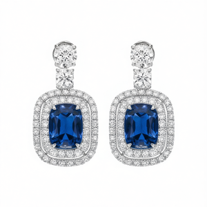 Orecchini Pendenti TiaZUNO con Gemma Blu, Montatura a Griffe in Oro Bianco, Design Geometrico di Lusso per Matrimoni, Diamanti Taglio Brillante Rotondo - Product Image 1