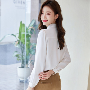 Women's Chiffon Blouse Long Sleeve Solid Color <b>Wrap</b> Tie Office Shirt <b>White</b> Champagne Black Gray Polyester Fabric - Product Image 5