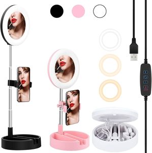 <b>LED</b> Selfie Video Halo Ring <b>Light</b> <b>Makeup</b> <b>Mirror</b> Phone Holder Live Stream YouTube TikTok 3500K Warm White IP44 Adjustable Height - Product Image 1