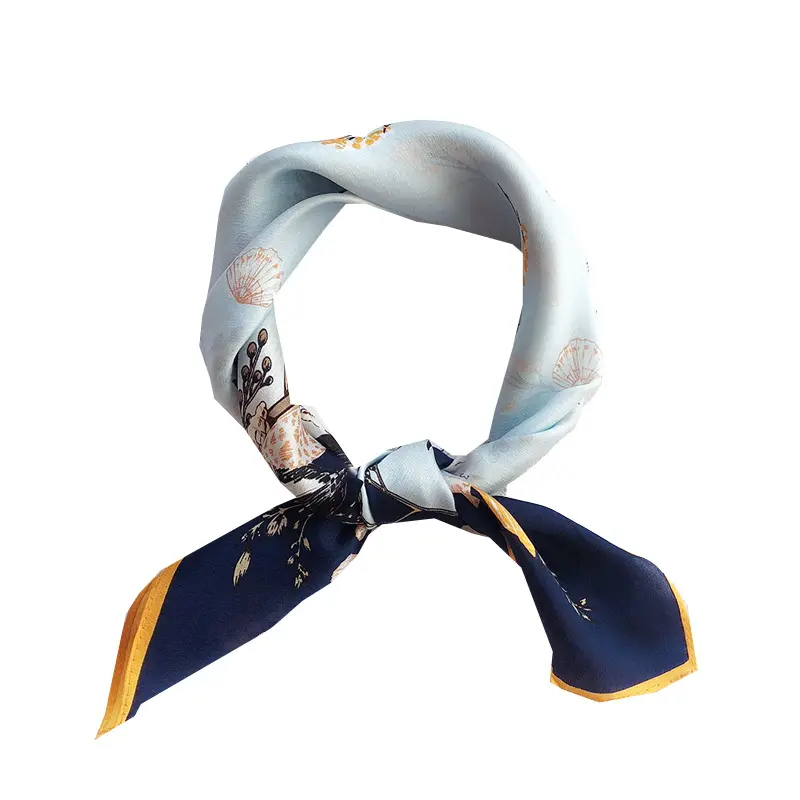 Foulard carré en soie imprimé fleur couleur bleu clair de qualité supérieure impression numérique foulard en soie satinée personnalisé