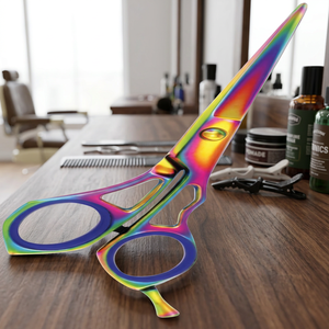 Ensemble de ciseaux de coiffure professionnels pour droitiers, lames en acier inoxydable revêtues de couleurs arc-en-ciel multi-plasma ASAP, manches en plastique - Product Image 1