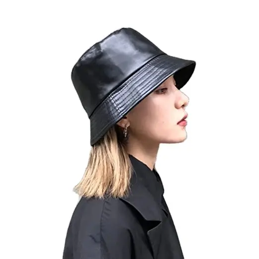 Unisex หมวกแฟชั่นย้อนยุคหนัง PU, หมวกชาวประมงหมวกกันแดดอินเทรนด์สีทึบใส่กลับด้านได้สำหรับผู้ชายผู้หญิง