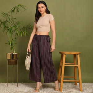 Pantalon palazzo en coton Khadi à rayures teintes, tissé à la main, taille élastique, jambes larges, style décontracté ethnique bohème, vêtement d'été pour femme - Product Image 1