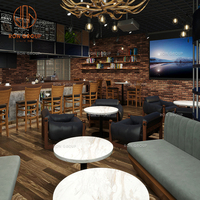 Ensemble de meubles de café moderne, de restaurant, de salon de thé, fauteuils en cuir avec pieds en bois et tables rondes en marbre blanc