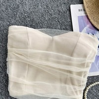 Nouveauté 2026 – Vente en gros – Top court bustier sans bretelles pour femme, style corset sexy en lurex, avec superposition en maille transparente froncée – Idéal pour l'été
