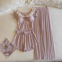 Ensemble de pyjama pour femmes en viscose tricotée décontractée et douce, avec manches courtes, soutien-gorge intégré, tissu respirant et pantalon long