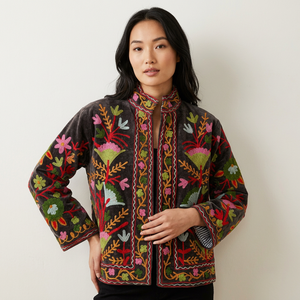 Veste d'hiver réversible en velours brodé pour femme, motif floral, col en V, manches classiques, écologique, respirante, automne, prairie - Product Image 2