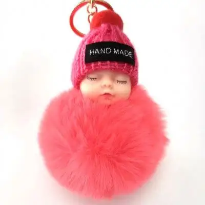 Women Holder Bag Pendant Fluffy Pom Pom Sleeping Baby Doll Key Chain Faux Knitted Hat Ball Keyring Rabbit Fur keychain