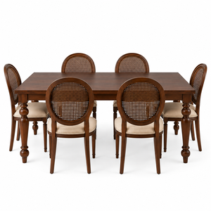Luxury European Hardwood Dining Table Set with Glass Surface and Beige Upholstered <b>Chairs</b> for Elegant Villa Hotel Restaurant - Product Image 4