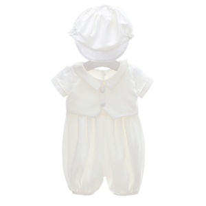 Accepter des vêtements personnalisés pour bébé, robe de baptême pour garçon, barboteuse et chapeau, ensemble de 2 pièces, <span class=keywords><strong>tenue</strong></span> de baptême en satin blanc - Product Image 2