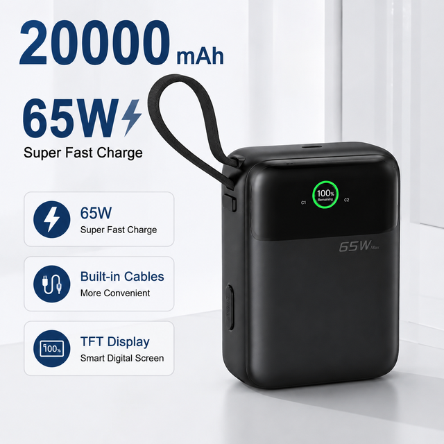 20000mAh 65W Fast Charging Power Bank with TFT Digital Display Built-in Cable Portable Charger for Laptop Phone OEM