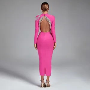 Ocstrade Beaded Long Sleeve Backless Diamond Tassel Midi Dress Sexy Women Elegant Rhinestone Dress Bandage Formal Cocktail Dress