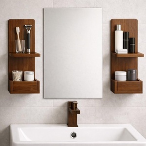 Estante de pared de madera de doble capa para almacenamiento y organización en el baño, forma rectangular con caja para pañuelos y soporte para jabón - Product Image 2