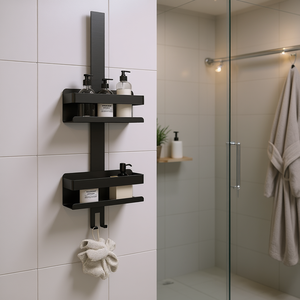 Étagère de douche suspendue en acier inoxydable 304 brossé noir mat, étagères de salle de bain à 2 niveaux, rangement mural d'angle - Product Image 2