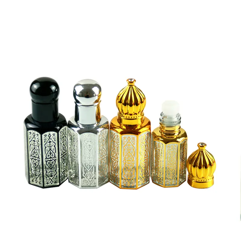 UV Gold Silver Black Dubai 3ml 6ml 12ml Octagonal Cosmetic Attar Essential Oil Glass Roll On Perfume Bottle with Glass Rod