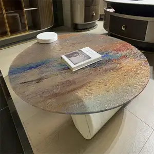 Popular Design Colorful Printed Water Ripple Round Glass Corner Coffee Table