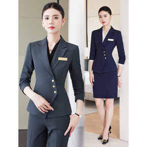Women Professional Suit Set Fall 2025 Hotel Reception Uniform Formal Workwear for Office Commute Blue Two Piece Skirt and Pants - Product Image 1