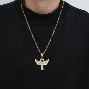 Large-winged <b>cross</b> pendant, hip-hop jewelry, copper <b>with</b> zircon. - Product Image 4