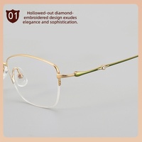 Gafas de Moda 3008, Montura de Titanio Puro de Media Montura con Incrustaciones de Diamantes, Montura Óptica para Mujer