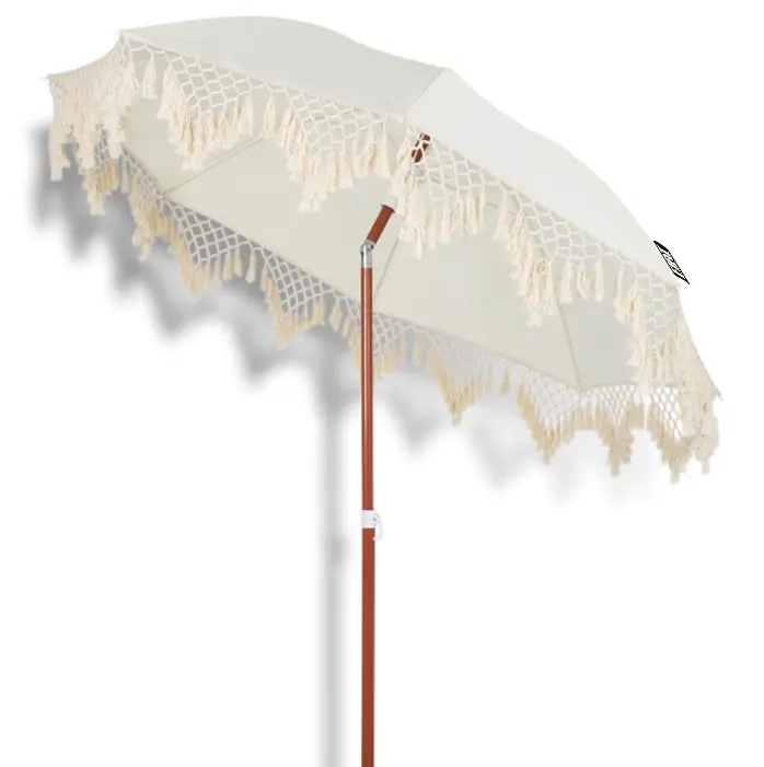 New Coming Wood Fringe Beach Umbrellas with tassels Custom Printed Fringe High Quality Outdoor Garden Umbrella for Restaurant