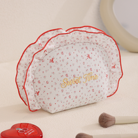 Pochette de maquillage en coton à fleurs, trousse de toilette à volants avec fermeture éclair, sac de toilette pour filles, utilisation quotidienne en voyage, dentelle feuille de lotus