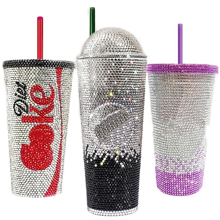 Logotipo Personalizado Personalizado Plástico Piscando Diamante Bling Tumbler Copo Garrafa Com Tampa E Palha Em Massa