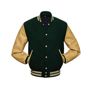 Men's Dark Green Varsity <b>Jacket</b> With Tan PU <b>Leather</b> Sleeves Regular Fit Button Closure Preppy Style Autumn Wear - Product Image 1