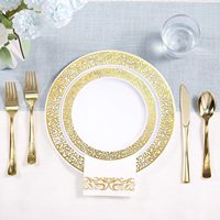 Ensemble de vaisselle jetable en plastique doré EaMaSy Party 350 pièces, assiettes, serviettes en lin, gobelets - Écologique, sans BPA, classique pour mariage