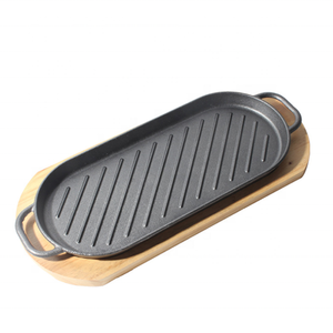 Cast Iron Griddle Grill Pan Sizzling Steak Meat Fajita <strong>Plate</strong> with <strong>Wooden</strong> Tray Steak Frying Cooking Gripper Platter - Product Image 3