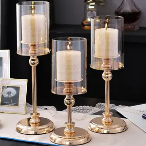Castiçal de vidro retrô dourado, castiçal criativo de vidro com suporte de vela de metal para decoração de casa