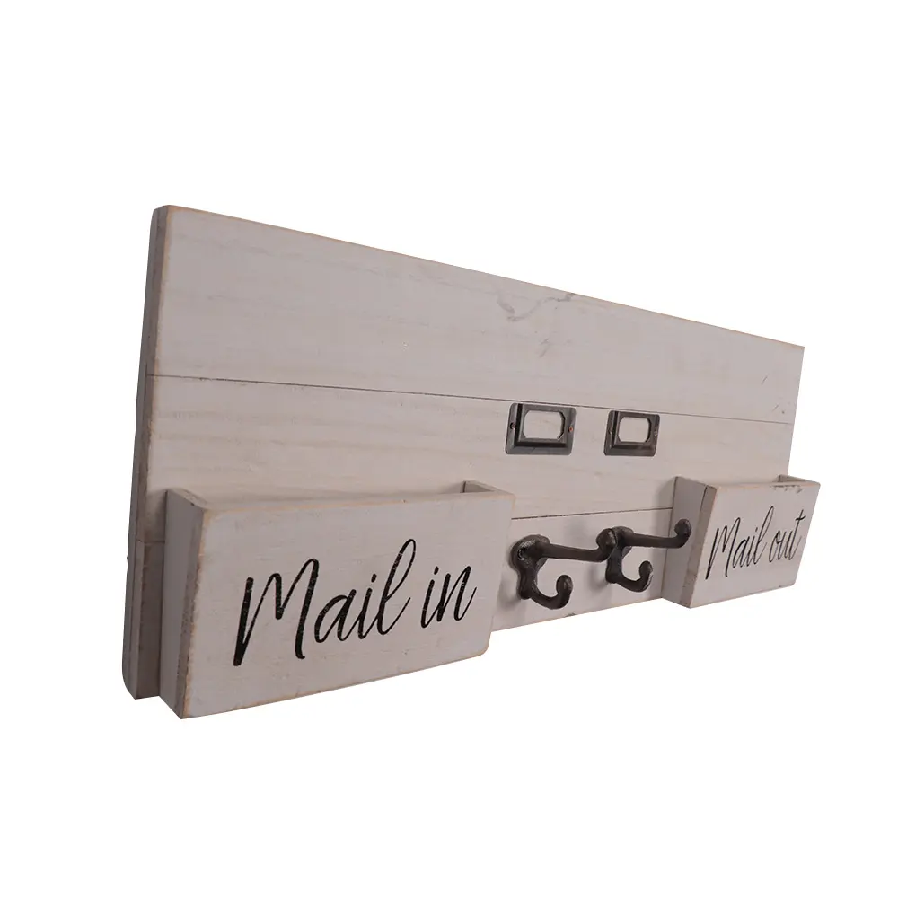 Large Size 2 Basket Entryway Hallway Key Mail Holder Wall Mounted Wooden Mail Organizer With Key Hooks