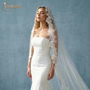 Voile de mariée YouLaPan V327 de style cathédrale luxueux, voile à traîne simple couche orné de dentelle de haute qualité, voile Mandira espagnol - Product Image 4
