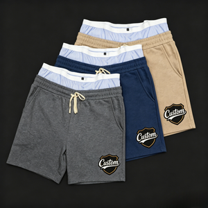 Shorts décontractés pour hommes personnalisés avec cordon de serrage, logo brodé, couleur unie, en coton, style streetwear, taille mi-haute - Product Image 1