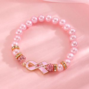 Braccialetti di <span class=keywords><strong>perle</strong></span> fatte a mano da donna con ciondoli a nastro <span class=keywords><strong>rosa</strong></span> braccialetti per la consapevolezza del cancro al seno - Product Image 4