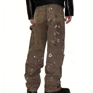 Pantalones Cargo Vintage de Pierna Recta, Vaqueros de Mezclilla Desgastados con Lavado Intenso y Efecto Salpicado de Tinta, con Doble Rodilla, Diseño Exclusivo para Hombre - Product Image 3