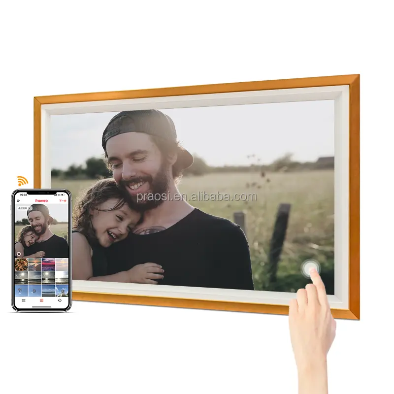 PROS 32 Inch Smart WiFi Wooden Digital Photo Frame IPS LCD Touch Screen Auto-Rotate Portrait and Landscape Built in 16GB Memory
