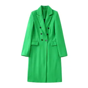 Women Lady Long Woolen Coat Long Sleeve Solid Color Lapel V-neck Elegant Europe Style Suit Collar Midi Long Coat