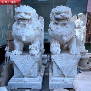 YOUFINE Paire de statues traditionnelles de chiens chinois Foo sculptées à la main en marbre blanc pour l'entrée de la porte - Product Image 3