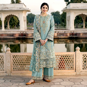 Salwar Kameez en soie bleu clair brodé pour femmes avec dupatta, tenue traditionnelle indienne et pakistanaise, coupe ample, longueur au sol - Product Image 1