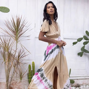 ชุดแมกซี่มัดย้อมสำหรับผู้หญิงชุดเดรสชายหาดมีกระดุมตกแต่งสไตล์โบฮีเมียนเปิดหลังเอวธรรมชาติสไตล์ทันสมัยสำหรับฤดูร้อน - Product Image 1