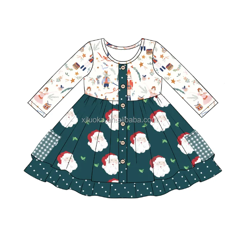 2023 New Style Long Sleeve Kids Boutique Clothing Children Christmas Dress 