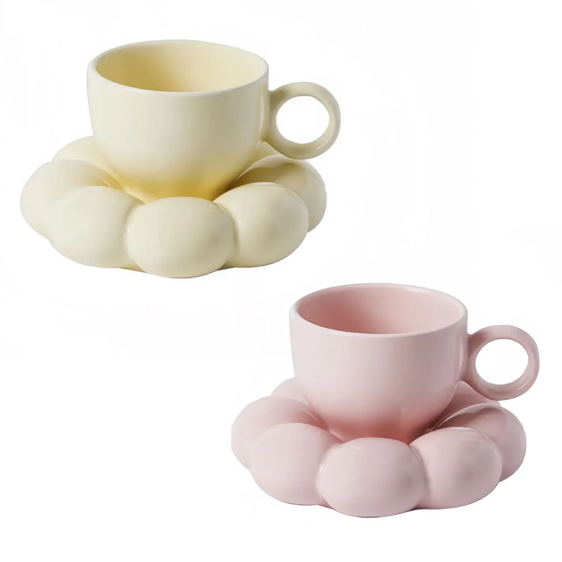 Hot Sale Unique Coffee Mug Tea Cup Set Cute Sunflower Coaster Saucer Beige pink Ceramic Cloud Coffee Tea Latte Milk Mug Cup