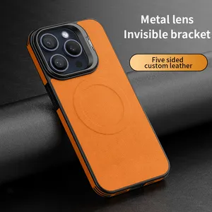 Voor Iphone 15 Lederen Materiaal Met Metalen Magnetische Telefoon Case Voor Iphone 15 Pro Max Case Leder Met Camera Slider